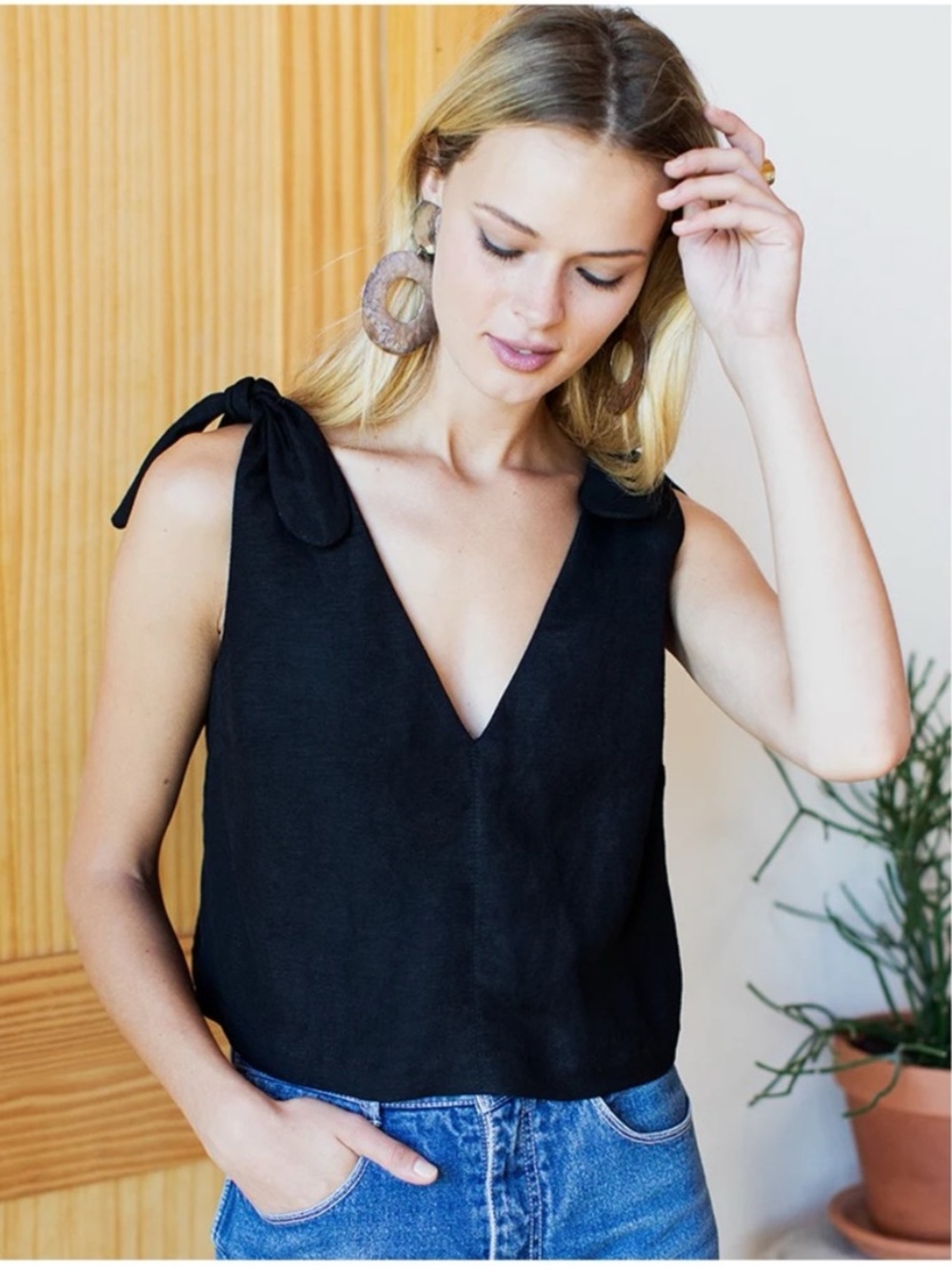 EMERSON FRY Tie Shoulder Top Black